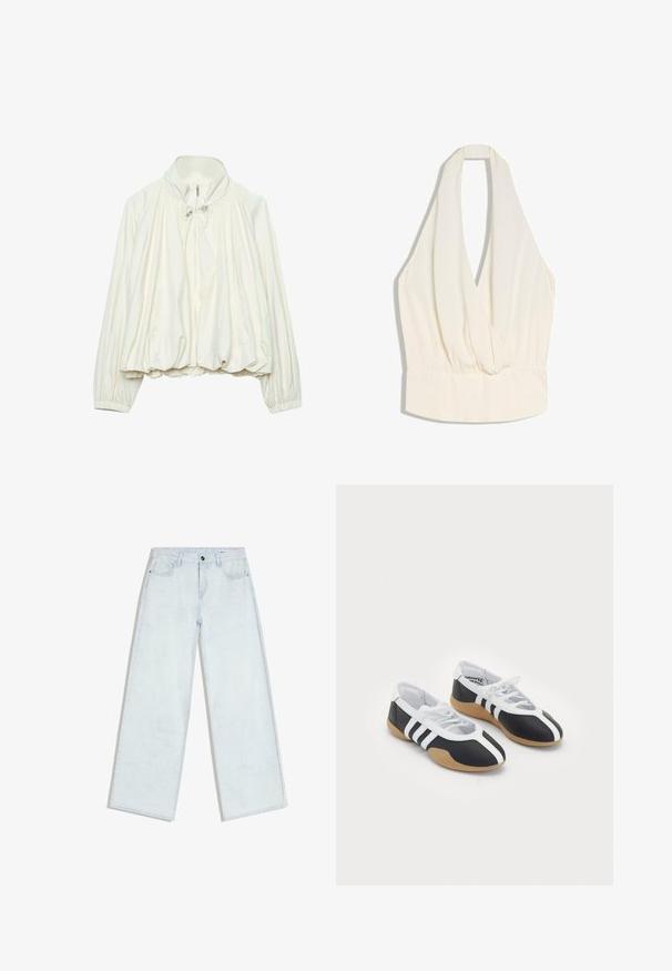 Veste légère blanche avec col montant, fermeture éclair à l'avant, détails à cordon au niveau du cou, poignets élastiques et ourlet froncé.; Haut sans manches couleur crème à col licou avec un décolleté en V profond et un détail de taille élastiquée froncée.; Jean bleu clair à jambes larges avec fermeture à boutons et fermeture éclair sur le devant, passants pour ceinture et style cinq poches, posé à plat sur un fond blanc.; Baskets de sport noir et blanc au design élégant, semelle en caoutchouc, fermeture à lacets et trois rayures blanches sur les côtés.