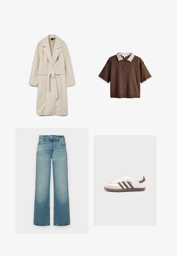 Manteau enveloppant beige en tissu doux, avec un col, des manches longues, une ceinture à la taille et deux poches plaquées à l'avant.; Polo marron à manches courtes avec un col rayé beige et blanc et des poignets de manches assortis, exposé sur un fond uni.; Jean bleu clair taille haute à jambes larges avec fermeture avant à boutons et fermeture éclair, et poches avant, présenté sur un fond uni.; Baskets blanches Adidas Samba avec des bandes en daim marron, un patch marron au talon, un bout beige et une semelle en caoutchouc translucide, vues de côté.