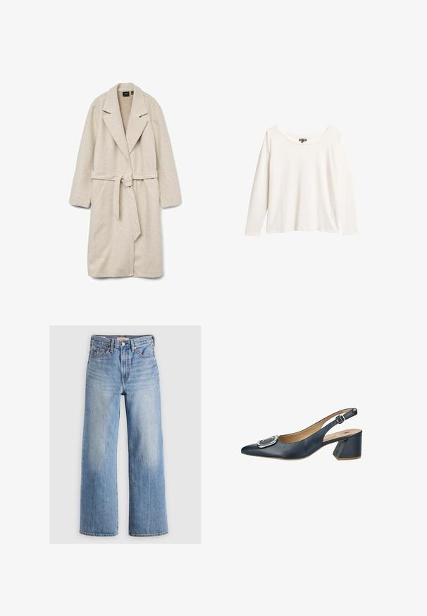Manteau enveloppant beige en tissu doux, avec un col, des manches longues, une ceinture à la taille et deux poches plaquées à l'avant.; Chemise en coton blanc à manches longues avec un col large, coupe décontractée et épaules tombantes. Texture douce, design minimaliste.; Jeans larges en denim bleu clair avec une taille haute, zones décolorées, cinq poches et coutures contrastées. Fermeture classique à bouton et à glissière.; Escarpin slingback en cuir bleu marine, bout pointu, détail boucle argentée et petit talon bloc.