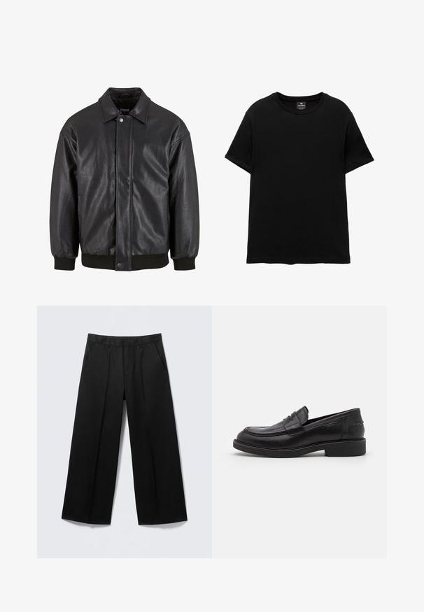 Sort læderjakke med krave, trykknaplukning foran og ribbede manchetter. Glat struktur med et let løst fit design.; Sort T-shirt med korte ærmer og rund halsudskæring med Pull&Bear mærke indeni kraven, lagt fladt på hvid baggrund.; Sorte vidde-bukser med bæltestropper, forlommer og lynlås foran, vist på en lysegrå baggrund.; Sorte læder loafers med en rund tå, tonale syninger og en stropdetalje foran. Gummisål med en lav hæl.
