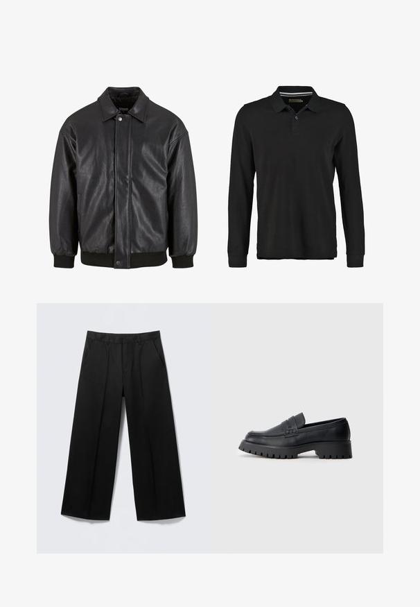 Sort læderjakke med krave, trykknaplukning foran og ribbede manchetter. Glat struktur med et let løst fit design.; Sort langærmet polo-shirt lavet af bomuld. Har en placket med to knapper, ribbet krave og en diskret stribet detalje under kraven.; Sorte vidde-bukser med bæltestropper, forlommer og lynlås foran, vist på en lysegrå baggrund.; Sorte læder loafers med en rund tå, prydet med en dekorativ rem og en kraftig gummisål med dybe riller for grip.