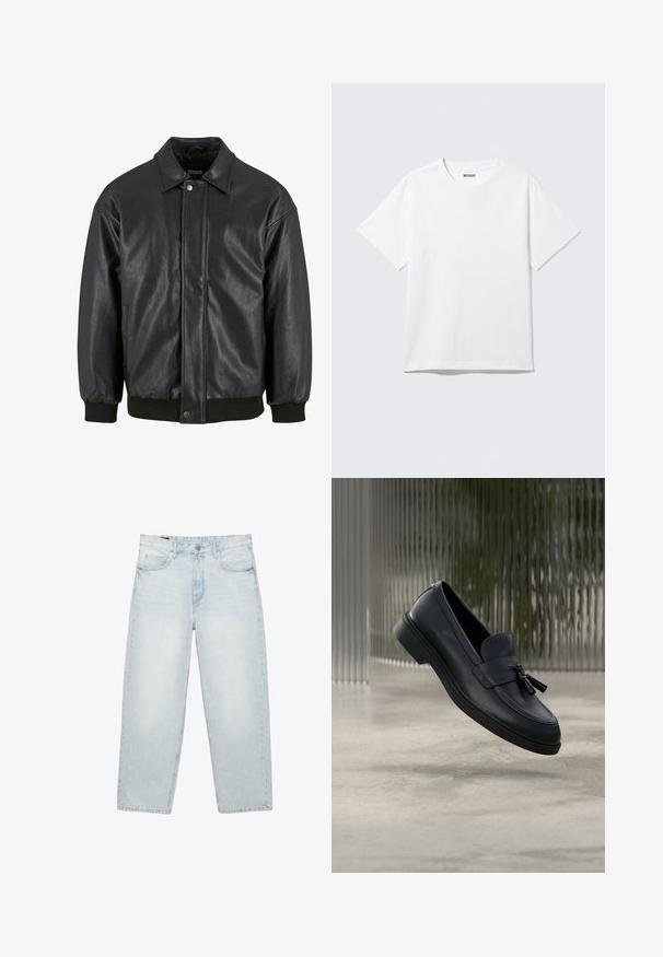 Sort læderjakke med krave, trykknaplukning foran og ribbede manchetter. Glat struktur med et let løst fit design.; Hvid kortærmet crewneck T-shirt lagt fladt ud, ensfarvet design, med "WEEKDAY" mærkat inde i kraven på en lys baggrund.; Lyseblå højtaljede jeans med lige ben, forrest med knap og lynlås, bæltestropper og design med fem lommer på hvid baggrund.; Sorte læderloafers med en glat tekstur, en rundet tå og dekorative kvaster foran. Fleksibel gummisål med lav hæl.