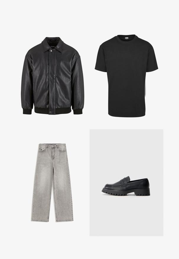 Sort læderjakke med krave, trykknaplukning foran og ribbede manchetter. Glat struktur med et let løst fit design.; Sort bomuld t-shirt med korte ærmer, rund halsudskæring og almindelig pasform. Stoffet fremstår glat og uden pynt.; Grå vidde jeans med høj talje, knapper foran, bæltestropper og to forlommer på hvid baggrund.; Sorte læder loafers med en rund tå, prydet med en dekorativ rem og en kraftig gummisål med dybe riller for grip.
