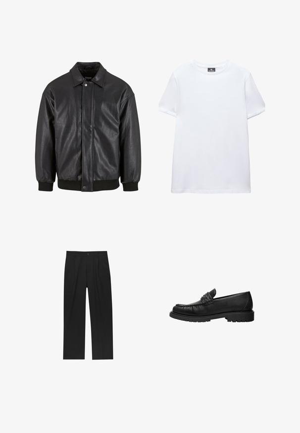 Sort læderjakke med krave, trykknaplukning foran og ribbede manchetter. Glat struktur med et let løst fit design.; Simpel hvid t-shirt med korte ærmer og rund halsudskæring med en sort Pull&Bear mærkat indeni kraven, vist på en hvid baggrund.; Sorte bukser med lige ben, lavet af et glat stof. Har frontfolder og en enkelt knaplukning i taljen.; Sort læderloafer med syninger på toppen, nitter på remmen og tyk gummisål, vist i profil på hvid baggrund.