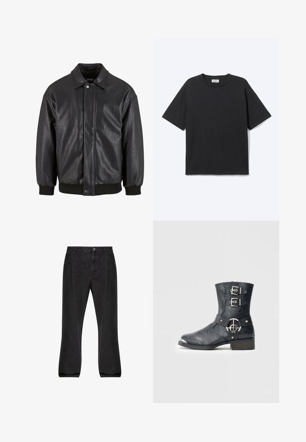 Sort læderjakke med krave, trykknaplukning foran og ribbede manchetter. Glat struktur med et let løst fit design.; Sort T-shirt med korte ærmer og rund hals med afslappet pasform, forfra, ensfarvet design og synligt Weekday-mærke inde i kraven.; Sorte denimjeans med lige ben, fem lomme-design, knaplukning og en let falmet overflade.; Sort læderankelstøvle med rundet tå, to remme med spænder, sølvfarvede metaldetaljer og lavt stablet hæl. Tekstureret finish.