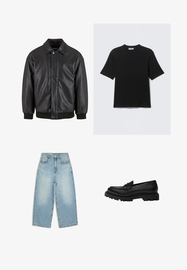 Schwarz Lederjacke mit Kragen, vorderer Druckknopfverschluss und gerippten Bündchen. Glatte Textur mit einem leicht lockeren Schnitt.; Schwarzes T-Shirt mit kurzen Ärmeln und Rundhalsausschnitt, mit einem "WEEKDAY"-Etikett innen am Kragen, flach auf einem hellen Hintergrund liegend dargestellt.; Hellblaue Jeans mit hoher Taille, weitem Bein, vorderen Taschen, Gürtelschlaufen und Knopf- mit Reißverschluss.; Schwarze Lederloafer mit einer robusten, strukturierten Sohle. Verfügt über eine dekorativ gestickte Kante und einen niedrigen Absatz für ein zeitgemäßes Design.