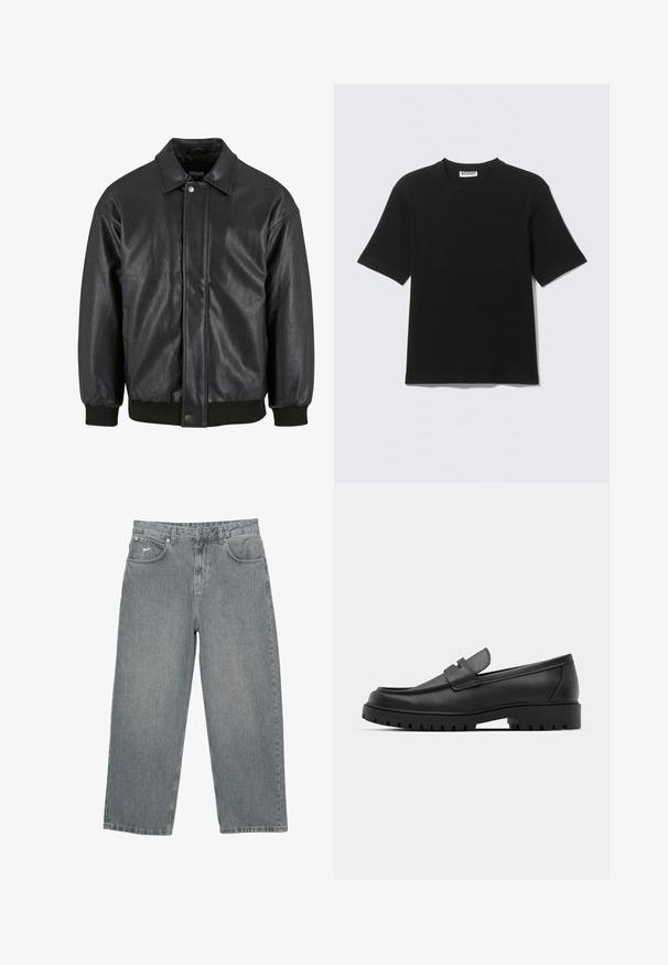 Zwarte leren jas met een kraag, sluiting met drukknopen aan de voorkant en ribgebreide manchetten. Glad textuur met een iets losser ontwerp.; Zwart T-shirt met korte mouwen en ronde hals, met een label "WEEKDAY" aan de binnenkant van de kraag, plat neergelegd op een lichte achtergrond.; Lichtgrijze denimbroek met een rechte pijp, vijf zakken en een gulp met knopen. Heeft subtiele branding op de voorkant van de tailleband.; Zwarte leren instappers met een ronde neus, voorzien van een gestikt ontwerp, een lage platformzool en een gestructureerde, grof rubberen buitenzool.