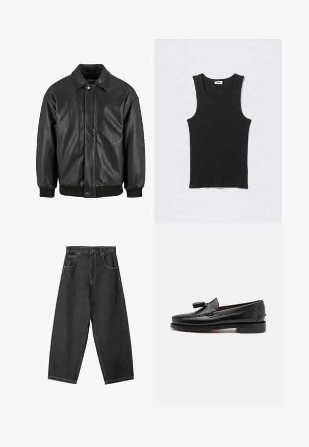 Sort læderjakke med krave, trykknaplukning foran og ribbede manchetter. Glat struktur med et let løst fit design.; Sort ærmeløs ribstrikket tanktop med rund halsudskæring, fladt lagt på lysegrå baggrund. Etiket med teksten "WEEKDAY."; Sorte denim brede bukser med gule sømme, fem-lomme-design og en mid-rise talje. Struktureret stof med en glat overflade.; Sorte læder loafers med mokkasinstik, en rund tå og en frynseaccent. Flad hæl med en glat tekstur, designet til afslappet brug.