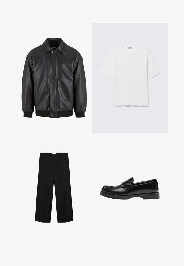 Sort læderjakke med krave, trykknaplukning foran og ribbede manchetter. Glat struktur med et let løst fit design.; Hvid, kortærmet t-shirt med rund hals og et lille "WEEKDAY"-mærke på indersiden af bagkraven, vist på en flad overflade.; Sorte bukser med vide ben lavet af et glat materiale, med forlommer, knaplåsning og en presset rille ned langs hvert ben.; Sort læderloafer med en kraftig gummisål og klassiske penny-strap detaljer, vist fra ydersiden.