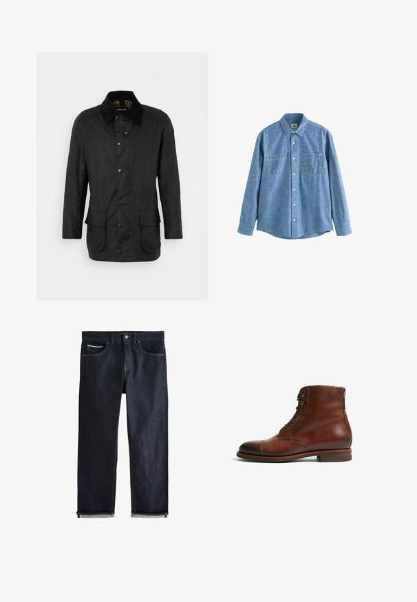 Schwarze gewachste Baumwolljacke mit Cordkragen, Druckknopfverschlüssen und zwei frontalen Taschen. Verfügt über einen klassischen Schnitt und eine strukturierte Oberfläche.; Langärmliges blaues Chambray-Hemd mit Knopfleiste und zwei Brusttaschen, flach auf weißem Hintergrund liegend.; Dunkelblaue Jeans aus Denim mit klassischem geradem Schnitt, fünf Taschen, Knopfverschluss und umgeschlagenen Bündchen, die eine hellblaue Innenseite zeigen.; Braune Leder-Stiefeletten mit runder Zehenform, 6 Ösen und einer glatten, strukturierten Oberfläche. Mit niedrigem, gestapeltem Absatz und kontrastierenden Nähten.