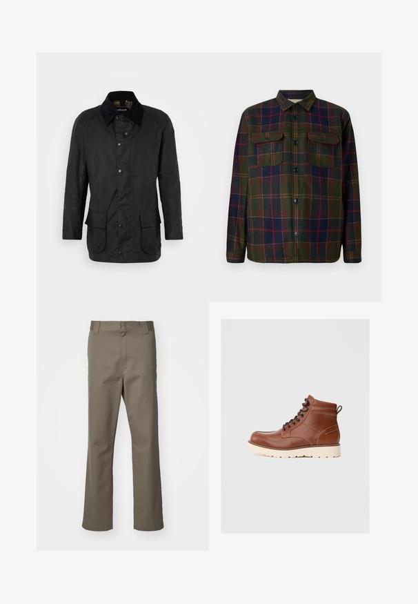 Black waxed cotton jacket with a corduroy collar, snap closures, and two front pockets. Features a classic cut and textural finish.; Plaid flannel shirt in dark green, navy, and burgundy with button front, two chest pockets, and a classic collar. Textured fabric finish.; Brown straight-leg trousers with belt loops, front zipper, and no visible pockets, displayed on a white background.; Brown leather ankle boots with a smooth texture, white rubber sole, and black laces. Features a pull tab at the back and contrast stitching.