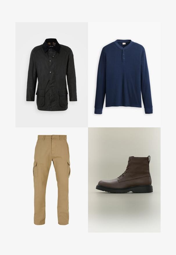 Schwarze gewachste Baumwolljacke mit Cordkragen, Druckknopfverschlüssen und zwei frontalen Taschen. Verfügt über einen klassischen Schnitt und eine strukturierte Oberfläche.; Langärmliges navyblaues Henley-Shirt aus geripptem Stoff. Mit rundem Ausschnitt und einer Knopfleiste mit drei Knöpfen. Die Bündchen sind schmal geschnitten.; Beige Cargo-Hosen mit zwei Seitentaschen, geradem Bein, aus strapazierfähigem Stoff, mit Steppdetails und Gürtelschlaufen.; Brauner Leder-Schnürstiefel bis zum Knöchel mit schwarzer Gummisohle, rundem Zehenbereich und Zuglasche hinten, im Seitenprofil auf neutralem Hintergrund dargestellt.