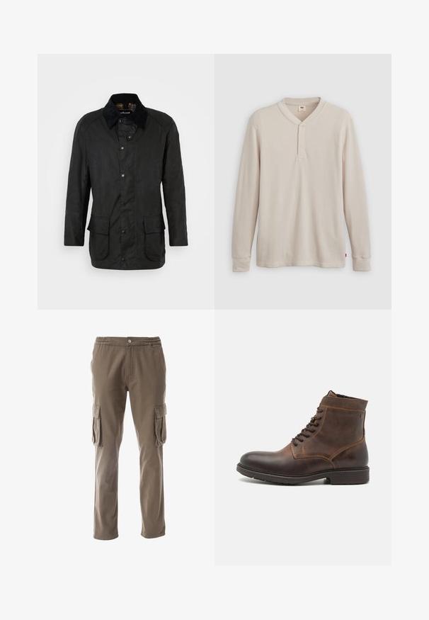 Zwarte gewaxte katoenen jas met een corduroy kraag, drukknoopsluiting en twee voorzakken. Heeft een klassieke snit en textuurfinish.; Lange mouwen henley-shirt in lichtbeige ribbelstof, met een V-hals, een drieknoopsluiting en manchetten. Rode logo-label aan de onderkant.; Cargo broek in een khaki tint, met een elastische tailleband, knoopsluiting en twee zijcargo zakken met klep. Gemaakt van duurzaam materiaal.; Jack & Jones JFWDELANEY BOOT - Veterboots - cognac