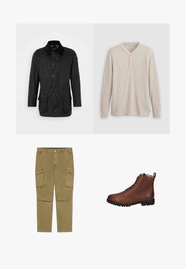 Schwarze gewachste Baumwolljacke mit Cordkragen, Druckknopfverschlüssen und zwei frontalen Taschen. Verfügt über einen klassischen Schnitt und eine strukturierte Oberfläche.; Langärmliges Henley-Shirt aus leicht beigem Rippstoff mit V-Ausschnitt, Knopfleiste mit drei Knöpfen und angeschnittenen Ärmeln. Roter Logo-Tag am Saum.; Khakifarbene Cargohosen mit Knopf- und Reißverschluss, ausgestattet mit seitlichen Klappentaschen und schrägen Vorderentaschen.; Braune Leder-Ankle-Boots mit strukturiertem Finish, Schnürung vorne, abgerundeter Zehenpartie und dickem Gummisohle. Mit Anhänger an der Rückseite.