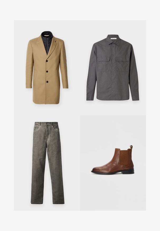 Manteau trois boutons couleur chameau avec doublure intérieure zippée noire, col et poches latérales, présenté sur fond blanc.; Chemise grise à manches longues avec col, boutonnée devant et deux poches à rabat, présentée sur un fond uni.; Pantalon gris à jambes droites en tissu de coton doux avec une texture lisse. Comprend des poches avant et une fermeture à bouton.; Bottine Chelsea en cuir marron avec des panneaux latéraux en élastique, bout arrondi, languette de traction et semelle en caoutchouc noir. Texture lisse avec peu de détails.
