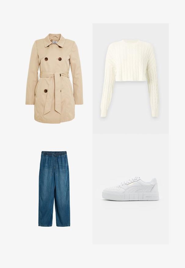 Beige trenchcoat lavet af glat stof med dobbeltradet knaplukning, et bælte i taljen og to sidelommer.; Creme kabelstrikket cropped sweater med lange ærmer og ribbet rund hals. Tekstur mønster over det hele og tætsiddende manchetter.; Blå denim bukser med løs pasform, elastisk linning og snøre, med forlommer og lige ben.; Hvide lavtop sneakers med perforerede detaljer, en tekstureret gummisål og subtile guldfarvede accenter på side-logoet. Glat syntetisk materiale.