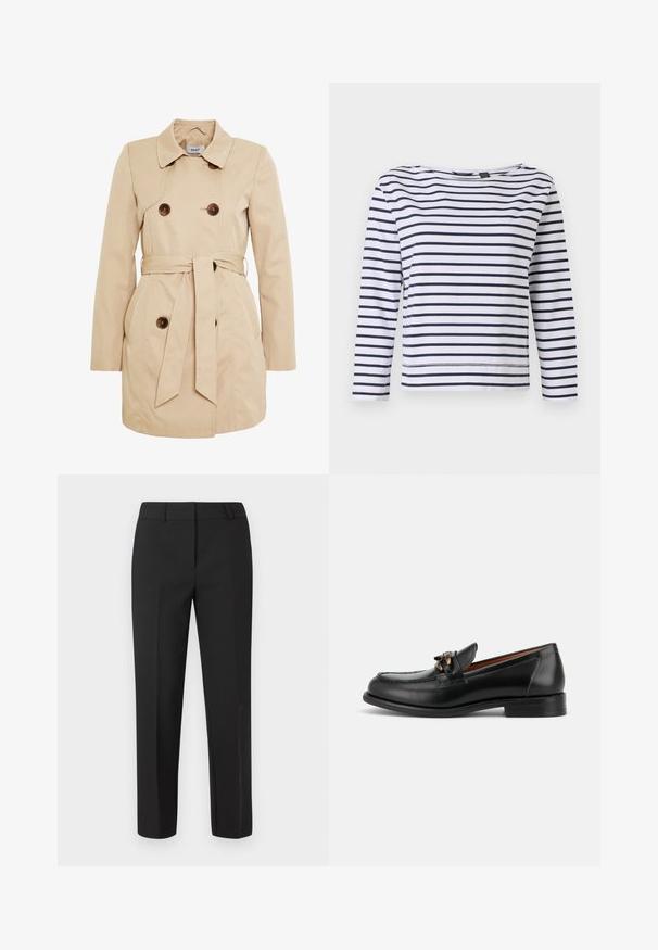 Trench-coat beige en tissu lisse avec fermeture à double boutonnage, une ceinture à la taille et deux poches latérales.; Haut à manches longues rayé en blanc et bleu marine, avec un col bateau et une coupe décontractée. Fabriqué en coton doux avec des ourlets cousus.; Pantalon noir sur mesure avec une coupe droite, taille plate et sans ornements visibles. Fabriqué dans un tissu lisse avec une finition nette.; Mocassin en cuir noir avec un petit talon, un bout arrondi et un détail de boucle métallique décorative à l'avant.