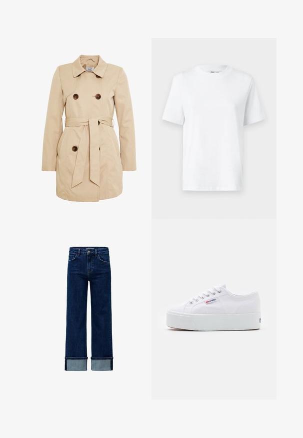 Beige trenchcoat lavet af glat stof med dobbeltradet knaplukning, et bælte i taljen og to sidelommer.; Hvid bomulds T-shirt med rund hals, kortærmet og en glat tekstur. Designet med en afslappet pasform for komfort og alsidighed.; Mørkeblå denimjeans med høj talje og vidt ben. Har optrukne manchetter i lysere denim og traditionel fem-lomme design.; Hvide canvas sneakers med en tyk hvid platformssål, rund tå og metaløjelets til snørebånd. Mærkets logo præsenteret på siden.