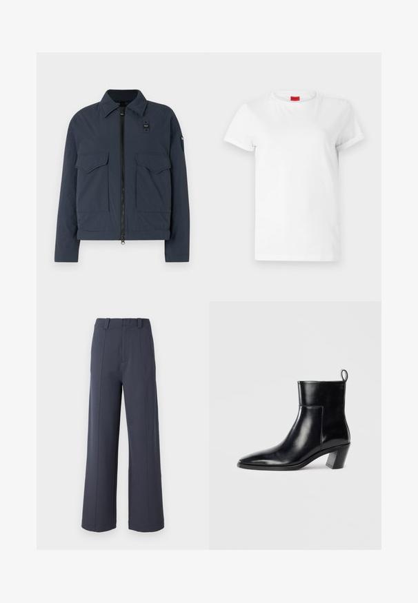 Chaqueta azul marino hecha de tela texturizada, con cierre de cremallera, dos bolsillos frontales y un cuello alzado con un acento de logo.; Camiseta blanca de manga corta hecha de algodón ligero. Presenta un escote redondo y mangas enrolladas. Etiqueta de logo roja en el cuello.; Pantalones de pierna ancha en tejido gris oscuro. Las características incluyen una cintura alta, pliegues en la parte delantera y una textura suave con pasadores para cinturón.; Botín de piel negra hasta el tobillo con punta afilada, tacón apilado geométrico y una lengüeta en la parte posterior. Textura suave y diseño elegante.