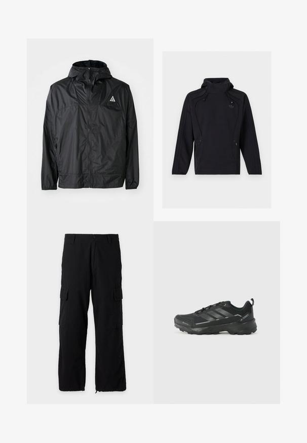 Sort letvægtsjakke lavet af nylon. Har en hætte, fuld lynlås, elastiske manchetter og et trekantet logo på den øverste brystdel.; Sort langærmet pullover hoodie med høj krave, justerbare snore, lynlåslommer i siden og subtil Adidas-logo på brystet.; Sorte cargobukser med sidelommer med klap, knap- og lynlåslukning, bæltestropper og justerbare kanter.; Sorte atletiske sko med en tekstureret stofoverdel, tre sølvstriber, forstærket tå og en robust gummisål til godt greb.