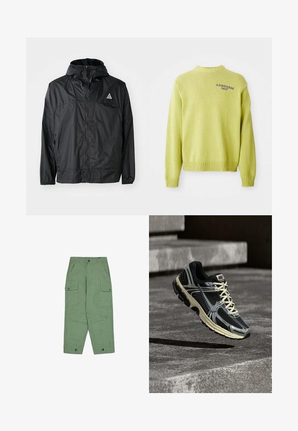 Sort letvægtsjakke lavet af nylon. Har en hætte, fuld lynlås, elastiske manchetter og et trekantet logo på den øverste brystdel.; Lysegrøn strikket sweater med ribbet hals og manchetter. Har et lilla "Carhartt WIP" logo på ryggen og en afslappet pasform.; Grøn cargo-bukser med afslappet pasform, to store sidelommer og justerbare ankelmanchetter. Fremstillet af tekstureret bomuldsstof.; Sort og grå Nike-løbesko med cremefarvede snørebånd, der svæver over en tekstureret betonoverflade.
