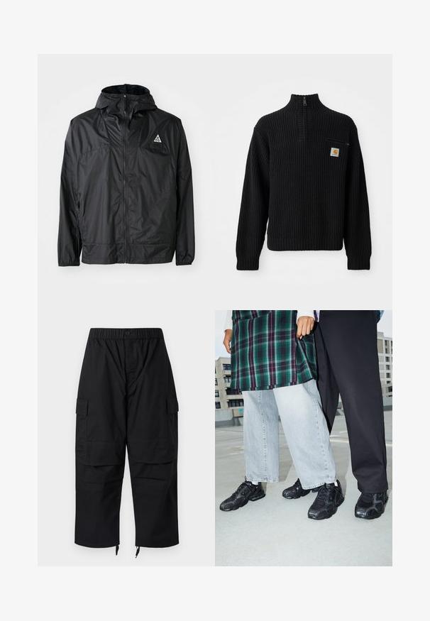 Schwarze, leichte Jacke aus Nylon. Mit Kapuze, durchgehendem Reißverschluss, elastischen Bündchen und einem dreieckigen Logo auf der oberen Brust.; Schwarzer gerippter Strickpullover mit hohem Kragen, halbem Reißverschluss und einer kleinen Brusttasche mit Logo. Lange Ärmel und strukturierter Stoff.; Schwarze Cargo-Hose mit elastischem Bund, mehreren Taschen und Reißverschlüssen an den Knöcheln, mit einem lockeren, entspannten Schnitt.; Schwarze Sportschuhe mit Mesh- und Gummielementen. Kombiniert mit hellgrauen weiten Jeans und einem karierten grünen Oberteil. Flacher Hintergrund.