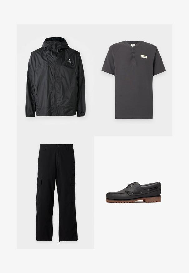 Schwarze, leichte Jacke aus Nylon. Mit Kapuze, durchgehendem Reißverschluss, elastischen Bündchen und einem dreieckigen Logo auf der oberen Brust.; Dunkelgraues Henley-Shirt mit kurzen Ärmeln, drei Knöpfen und einem kleinen Columbia-Logo-Patch auf der linken Brust vor weißem Hintergrund.; Schwarze Cargohosen mit seitlichen Klappentaschen, Knopf- und Reißverschluss, Gürtelschlaufen und verstellbaren Säumen.; Schwarzes Bootsschuh aus Leder mit Schnürdetails, rundem Zehenbereich, strukturierter brauner Gummisohle und genähten Lederseiten.