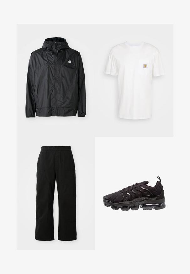 Schwarze, leichte Jacke aus Nylon. Mit Kapuze, durchgehendem Reißverschluss, elastischen Bündchen und einem dreieckigen Logo auf der oberen Brust.; Weißes Baumwoll-T-Shirt mit kurzen Ärmeln, einer Brusttasche und einem kleinen quadratischen Logopatch in Orange und Weiß auf der Tasche.; Schwarze Baumwollhosen mit einem elastischen Bund, weitem Beinansatz und großen Seitentaschen. Der Stoff wirkt weich mit einer glatten Textur.; Schwarze Sportschuhe mit einem strukturierten Obermaterial aus Stoff, glänzenden Akzenten und einer ausgeprägten Luftpolstersohle. Verfügt über auffällige wellenartige Designelemente.