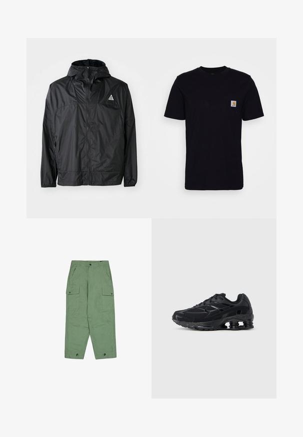 Schwarze, leichte Jacke aus Nylon. Mit Kapuze, durchgehendem Reißverschluss, elastischen Bündchen und einem dreieckigen Logo auf der oberen Brust.; Schwarzes Baumwoll-T-Shirt mit kurzen Ärmeln, rundem Hals und einer Brusttasche, die mit einem kleinen, quadratischen Logo-Patch versehen ist. Einfaches, einfarbiges Design.; Grüne Cargo-Hosen mit lockerer Passform, zwei großen Seitentaschen und verstellbaren Knöchellängen. Hergestellt aus strukturiertem Baumwollstoff.; Schwarzer Sportschuh mit Obermaterial aus Mesh, gepolstertem Kragen und hervorgehobener Dämpfungstechnologie an der Ferse. Verfügt über strukturierte Akzente und Schnürsenkel.