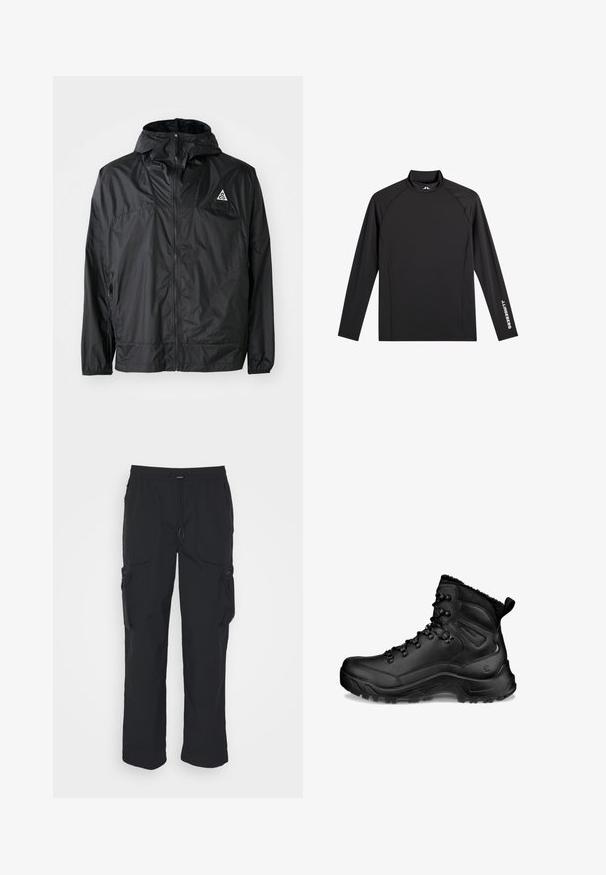 Schwarze, leichte Jacke aus Nylon. Mit Kapuze, durchgehendem Reißverschluss, elastischen Bündchen und einem dreieckigen Logo auf der oberen Brust.; Schwarzes Langarm-Sportoberteil mit Stehkragen, schlanker Passform und weißem "J.Lindeberg"-Logo am linken Ärmel und Kragen.; Schwarze Cargo-Hosen aus gewebtem Stoff. Mit verstellbarem Bund, Seitentaschen und zwei Utility-Taschen mit Reißverschlüssen.; Schwarzer hoher Wanderschuh mit gepolstertem Knöchel, Schnürhaken, robuster Sohle und Zuglasche an der Ferse, entworfen für den Außeneinsatz und kaltes Wetter.