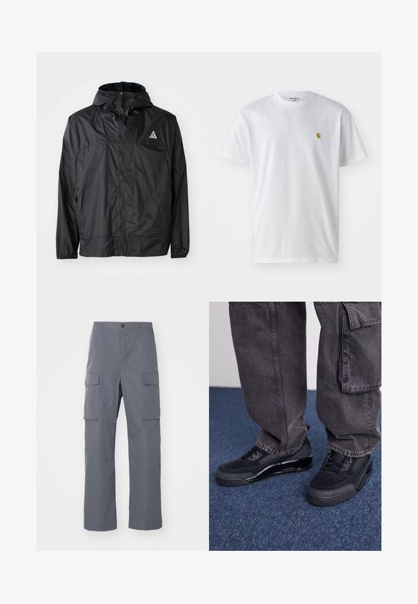 Schwarze, leichte Jacke aus Nylon. Mit Kapuze, durchgehendem Reißverschluss, elastischen Bündchen und einem dreieckigen Logo auf der oberen Brust.; Weißes Baumwoll-T-Shirt mit kurzen Ärmeln, Rundhalsausschnitt, mit einem kleinen goldenen Logo im linken Brustbereich. Weicher Stoff und normale Passform.; Grau Cargo-Hosen aus strapazierfähigem Stoff. Zu den Merkmalen gehören ein elastischer Bund, zwei große Seitentaschen und ein gerader Schnitt.; Schwarze Sportschuhe mit einer strukturierten Oberfläche, glatten Akzenten und einer chunky Sohle, kombiniert mit dunklen, lässig sitzenden Cargo-Hosen.