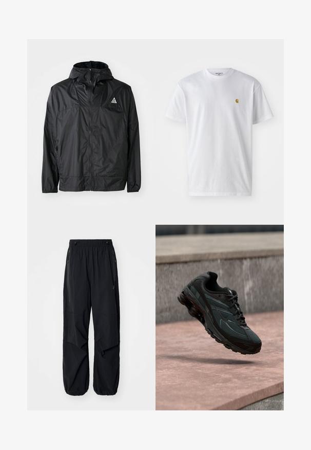 Schwarze, leichte Jacke aus Nylon. Mit Kapuze, durchgehendem Reißverschluss, elastischen Bündchen und einem dreieckigen Logo auf der oberen Brust.; Weißes Baumwoll-T-Shirt mit kurzen Ärmeln, Rundhalsausschnitt, mit einem kleinen goldenen Logo im linken Brustbereich. Weicher Stoff und normale Passform.; Schwarze leichte Cargo-Hosen mit elastischem Bund, seitlichen Reißverschlüssen und geräumigen Taschen. Bietet eine lockere Passform und tapered Bündchen.; Schwarzer athletischer Sneaker mit sichtbarer Air-Cushioning-Zwischensohle, der über einer rosa Steinoberfläche mit grauer Steinmauer im Hintergrund schwebt.