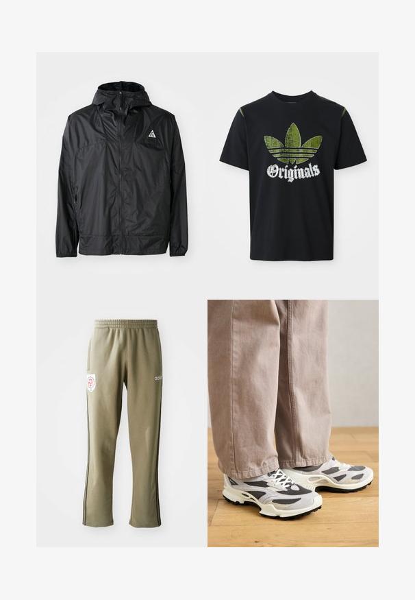 Sort letvægtsjakke lavet af nylon. Har en hætte, fuld lynlås, elastiske manchetter og et trekantet logo på den øverste brystdel.; Sort bomulds T-shirt med et slidt grønt grafik med tre striber og ordet "Originals" nedenfor i hvidt, rund halsudskæring, korte ærmer.; Olivenfarvede sweatpants med elastisk talje, sidelommer, sorte striber på siden og et logo-patch på låret.; En person iført beige bredbukser og grå-hvide sportsko står på et trægulv.