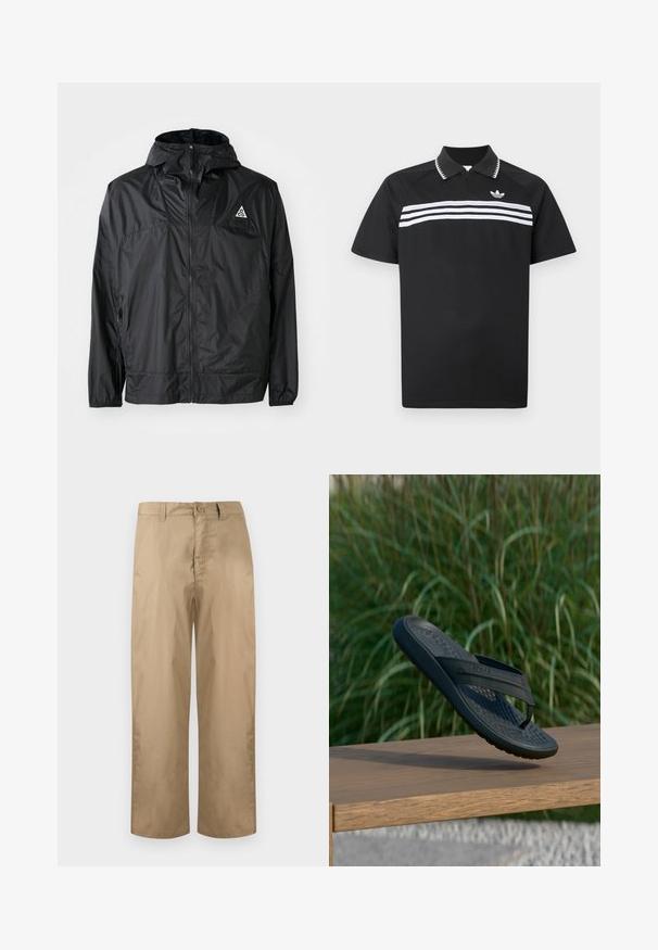 Zwarte lichtgewicht jas van nylon. Beschikt over een capuchon, volle rits, elastische manchetten en een driehoekig logo op de bovenborst.; Zwart poloshirt met een ritssluiting bij de kraag, voorzien van drie witte horizontale strepen over de borst en een klein logo linksboven.; Beige broek met rechte pijpen, voorzien van gordelriemlussen, knoopsluiting en ritssluiting, weergegeven tegen een eenvoudige lichte achtergrond.; Zwarte teenslipper met gestructureerd voetbed zwevend boven een houten bank, groene grasachtergrond, buiten.