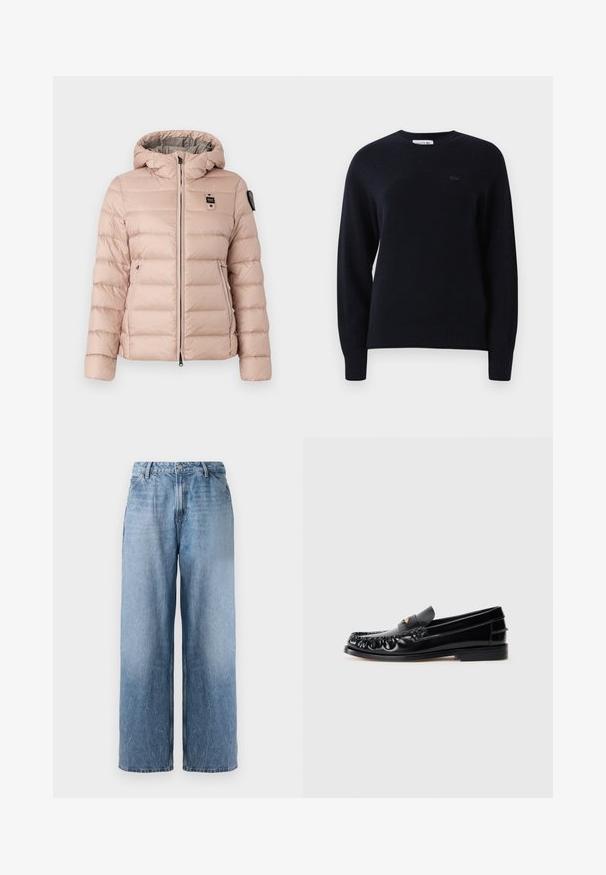 Doudoune rose clair avec capuche, dotée d'une fermeture éclair à l'avant, de deux poches latérales et d'un patch logo sur la poitrine gauche. Texture lisse et matelassée.; Pull noir à manches longues avec col rond, doté de poignets et d'un ourlet côtelés, arborant un logo brodé subtil sur la poitrine gauche.; Jean en denim bleu clair, coupe large, taille haute, avec bouton à l'avant et poches latérales, présenté sur un fond blanc.; Mocassins en cuir noir avec un bout arrondi, des coutures décoratives et un petit accent doré sur le dessus. Semelle en caoutchouc plate, design épuré.