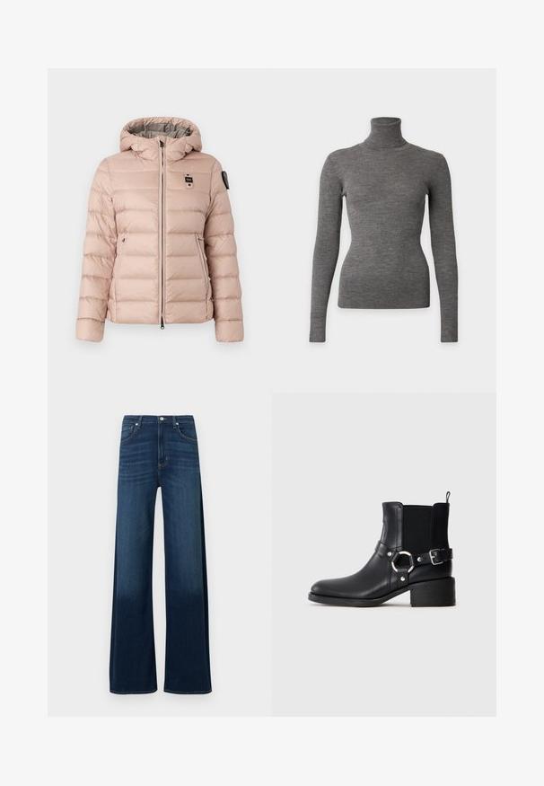 Doudoune rose clair avec capuche, dotée d'une fermeture éclair à l'avant, de deux poches latérales et d'un patch logo sur la poitrine gauche. Texture lisse et matelassée.; Pull gris ajusté en maille côtelée à manches longues avec col roulé haut et silhouette fine sur fond uni.; Jean à jambes larges en denim bleu foncé. Caractéristiques : taille haute, cinq poches, légères décolorations et surpiqûres décoratives le long des coutures.; Bottine en cuir noir avec boucles latérales et détail en anneau, panneau latéral élastique, petit talon carré et languette de tirage sur fond uni.