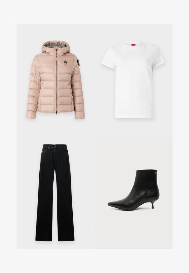 Doudoune rose clair avec capuche, dotée d'une fermeture éclair à l'avant, de deux poches latérales et d'un patch logo sur la poitrine gauche. Texture lisse et matelassée.; T-shirt blanc à manches courtes en coton léger. Présente un col rond et des manches retroussées. Étiquette logo rouge sur le col.; Jean noir à jambes larges en denim, avec une fermeture frontale à boutons, cinq poches, et un petit patch logo sur la ceinture.; Bottine en cuir noir avec bout pointu et petit talon kitten sur fond clair, vue côté extérieur.