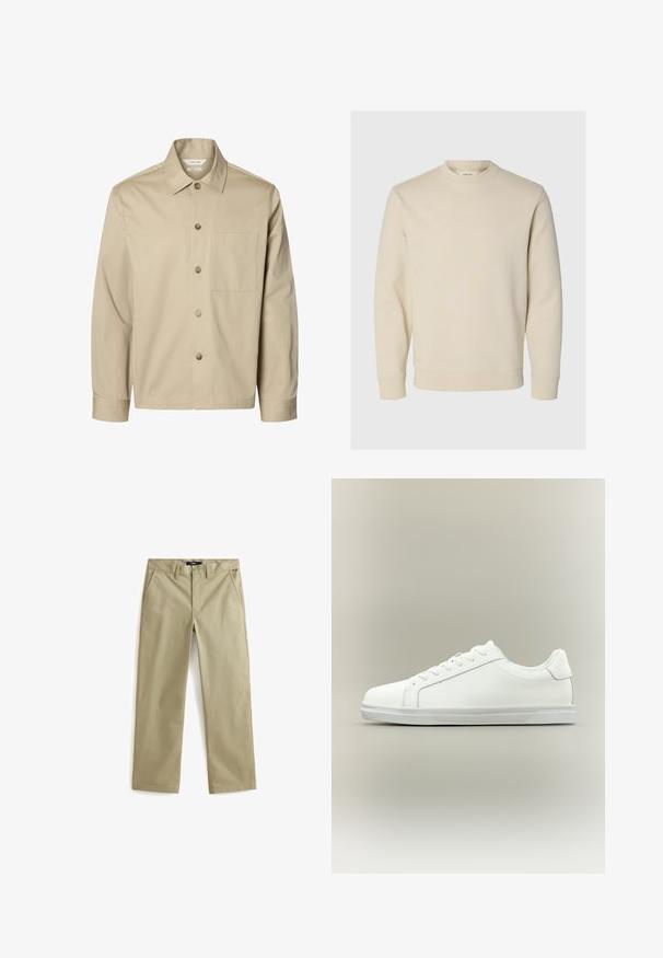 Camisa beige de manga larga con botones, con cuello y un bolsillo en el pecho, mostrada de frente sobre un fondo blanco.; Sudadera de manga larga color crema con cuello redondo, puños y bajo acanalados, presentada sobre un fondo claro liso.; Chinos de algodón beige con un diseño de pierna recta, que cuentan con dos bolsillos frontales y un cierre de botón clásico. Textura suave, acentos mínimos.; Zapatilla blanca de caña baja con cordones al frente y suela de goma texturizada sobre un fondo neutro y sencillo.
