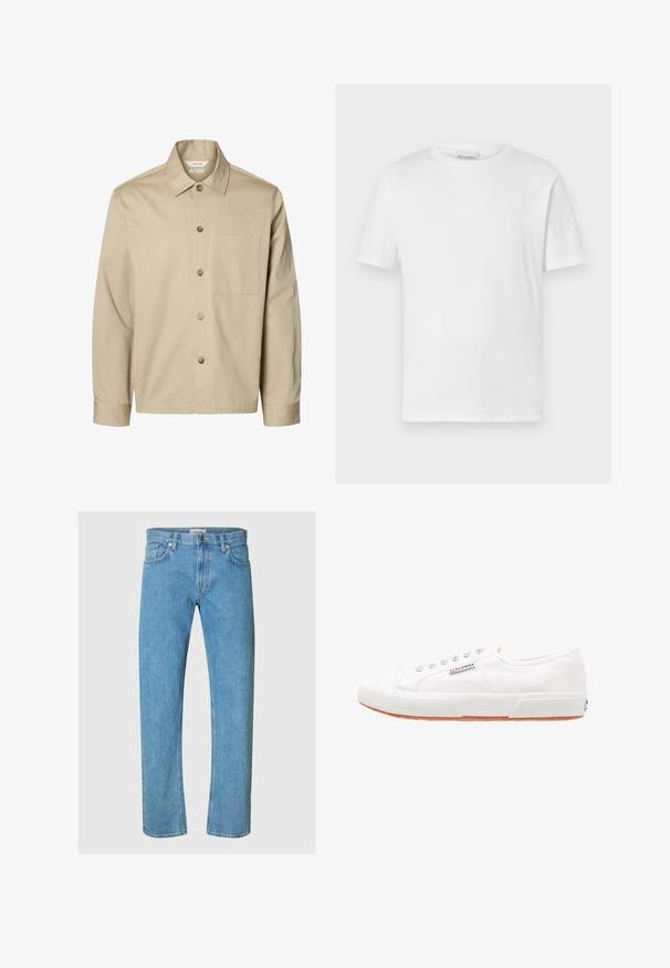 Camisa beige de manga larga con botones, con cuello y un bolsillo en el pecho, mostrada de frente sobre un fondo blanco.; Camiseta blanca de manga corta hecha de algodón. Presenta un escote redondo y un dobladillo recto. Sin patrones ni adornos. Diseño simple.; Los jeans de mezclilla en un tono azul claro presentan un diseño de pierna recta, estilo de cinco bolsillos y un cierre de cremallera con un botón de metal.; Zapatillas de lona blancas con suela de goma, diseño de cordones y una pequeña etiqueta con el logo en el lateral. Parte superior texturizada blanca y suela marrón.