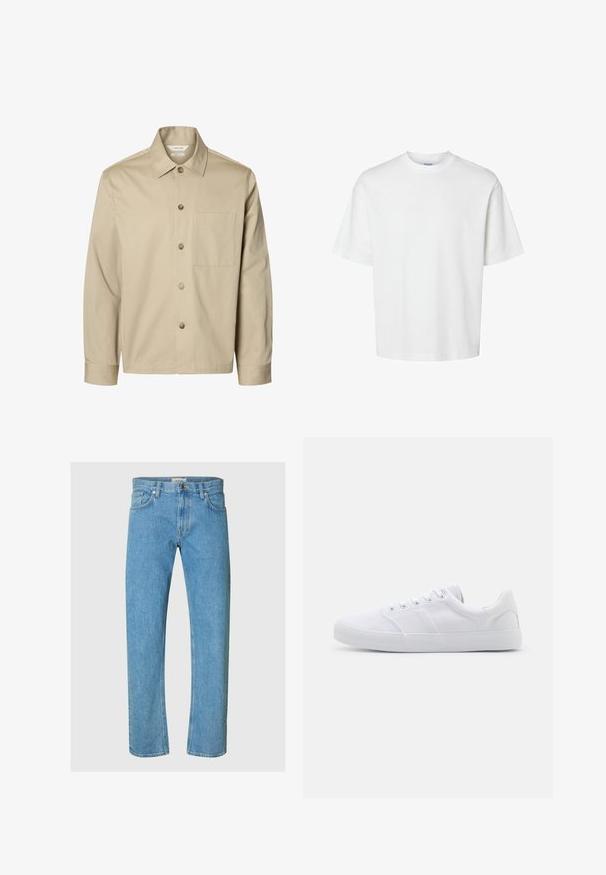 Camisa beige de manga larga con botones, con cuello y un bolsillo en el pecho, mostrada de frente sobre un fondo blanco.; Camiseta blanca lisa de manga corta con cuello redondo y corte holgado mostrada sobre un fondo blanco.; Los jeans de mezclilla en un tono azul claro presentan un diseño de pierna recta, estilo de cinco bolsillos y un cierre de cremallera con un botón de metal.; Zapatillas de lona blancas con suela de goma, que cuentan con seis ojales, una puntera texturizada y un diseño minimalista.