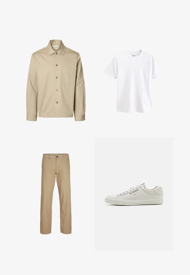 Beige langärmliges Hemd mit Knopfleiste, Kragen und einer Brusttasche, von vorne auf weißem Hintergrund dargestellt.; Schlichtes weißes T-Shirt mit kurzen Ärmeln und Rundhalsausschnitt mit sichtbarem Markenlabel innen im Kragen.; Beige gerade geschnittene Hose mit Knopfverschluss, Gürtelschlaufen und Vordertaschen, vor weißem Hintergrund dargestellt.; Weiße Leder-Sneaker mit einem niedrigen Design, strukturiertem Gummisohle und dem "ALLSAINTS"-Logo an der Seite. Standard Schnürverschluss.