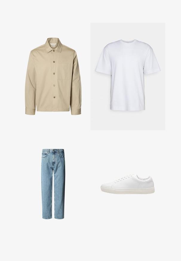 Beige langærmet skjorte med knapper, krave og en brystlomme, vist forfra på hvid baggrund.; Filippa K HEAVY CREW NECK TEE - T-shirts basic - white; Lyst blå denimjeans med en afslappet pasform, der har høj talje, kontrastsyninger og let slid på fronten.; Hvide lædersneakers med en glat overflade, rund tå, snørebåndslukning og flad gummisål. Minimalistisk design uden synlige mønstre.