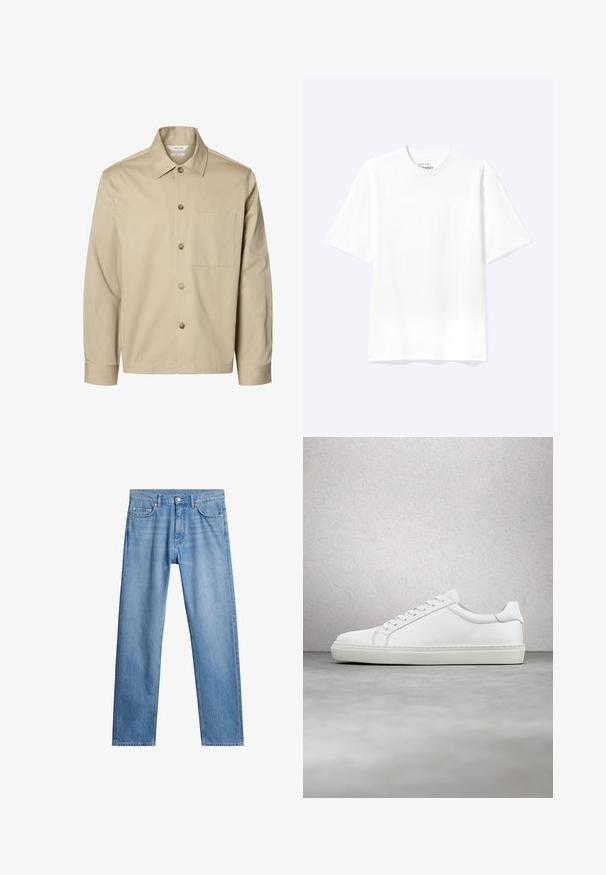 Camisa beige de manga larga con botones, con cuello y un bolsillo en el pecho, mostrada de frente sobre un fondo blanco.; Camiseta lisa blanca de manga corta y cuello redondo con un corte relajado, mostrada sobre un fondo claro.; Jeans de mezclilla azul claro con un diseño de pierna recta, cinco bolsillos y cierre de botón metálico. Tejido texturizado con detalles desgastados en la parte frontal.; Zapatilla blanca con parte superior de cuero liso y perfil bajo. Presenta una puntera redondeada, seis ojales y una suela de goma texturizada.