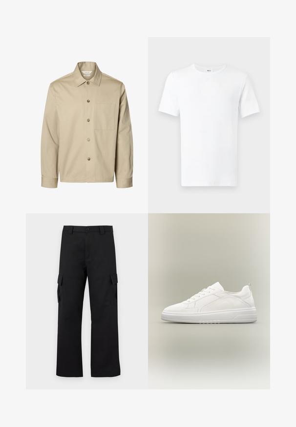 Beige langærmet skjorte med knapper, krave og en brystlomme, vist forfra på hvid baggrund.; Klassisk hvid t-shirt med korte ærmer og rund hals, vist forfra med synlig mærke i nakken på en lys baggrund.; Sorte cargo bukser med lige ben-design. Lavet af slidstærkt stof, med to sidelommer med klaplukninger og lukning med knap.; Hvid lavtop sneaker med snørelukning foran, teksturerede sidepaneler og tyk sål på neutral baggrund.
