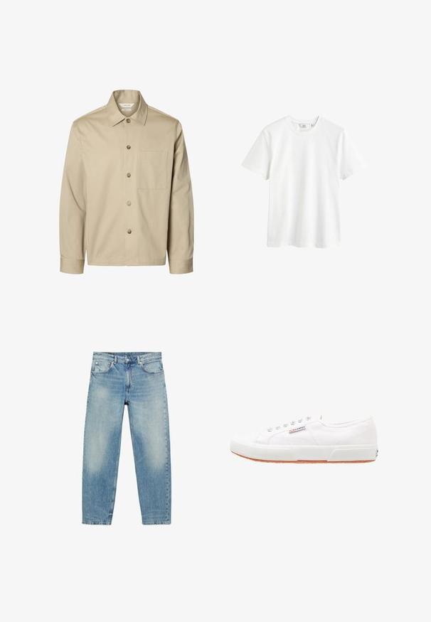 Beige overhemd met lange mouwen, knopen, een kraag en één borstzak, van voren getoond tegen een witte achtergrond.; Witte katoenen t-shirt met een ronde hals, korte mouwen en een ontspannen pasvorm. Gladde textuur en geen zichtbare patronen of accenten.; Jeans met rechte pijpen van blauwe denim, met voorzakken en riemlussen, met lichte vervaagde details op dijen en knieën.; Witte canvas sneakers met een rubberen zool, vetersluiting en een klein logolabel aan de zijkant. Gewreven wit bovenwerk en een bruine zool.