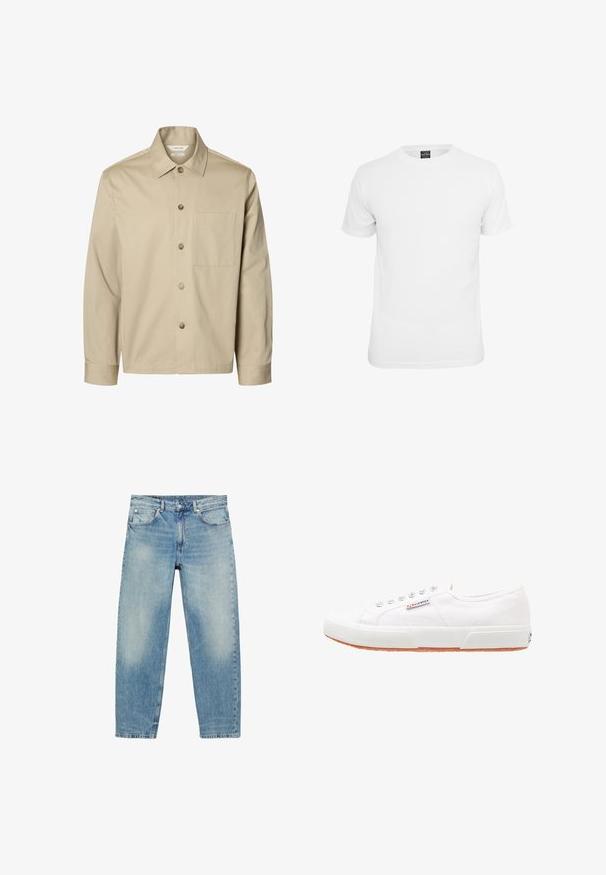 Beige langærmet skjorte med knapper, krave og en brystlomme, vist forfra på hvid baggrund.; Hvid kortærmet t-shirt, lavet af bomuld, med en klassisk rund hals og en glat tekstur, designet til afslappet brug.; Blå straight-leg denim jeans med forlommer og bæltestropper, der viser let falmede detaljer på lår og knæ.; Hvide kanvas sneakers med gummisål, snørebåndsdesign og et lille logo mærke på siden. Tekstureret hvid overdel og brun ydersål.