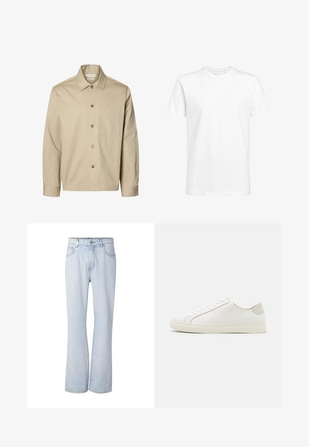 Beige overhemd met lange mouwen, knopen, een kraag en één borstzak, van voren getoond tegen een witte achtergrond.; Witte t-shirt met korte mouwen van katoen, met een ronde halslijn en een standaard pasvorm. Eenvoudig ontwerp, zonder patronen of zichtbare accenten.; Lichtblauwe high-waist spijkerbroek met voorzakken, knoopsluiting en licht uitlopende pijpen op een witte achtergrond.; Witte leren sneaker met een gladde oppervlakte, ronde neus en minimalistisch ontwerp. Heeft beige accenten op de hiel en een rubberen zool.