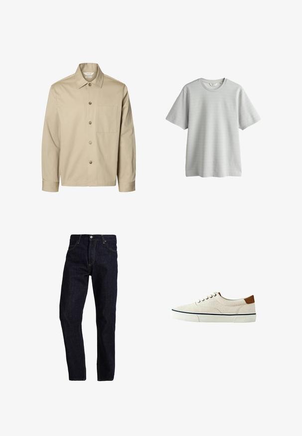 Beige langärmliges Hemd mit Knopfleiste, Kragen und einer Brusttasche, von vorne auf weißem Hintergrund dargestellt.; Hellgraues T-Shirt mit kurzen Ärmeln, feiner horizontaler Streifenstruktur, Rundhalsausschnitt und entspannter Passform.; Dunkelblaue Jeans aus Denim mit geradem Schnitt, ausgestattet mit gelben Nähten, fünf Taschen und einem klassischen Knopf- und Reißverschluss.; Beiger Canvas-Sneaker in niedrigem Schnitt mit weißer Gummisohle, weißen Schnürsenkeln, marineblauem Streifendetail und braunem Wildleder-Fersenlaschen, Seitenansicht auf weißem Hintergrund.
