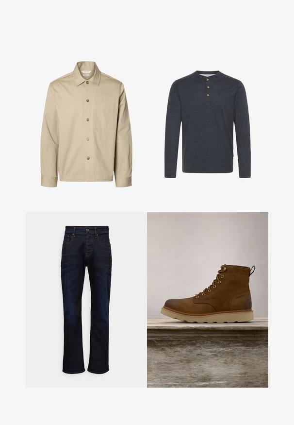 Beige overhemd met lange mouwen, knopen, een kraag en één borstzak, van voren getoond tegen een witte achtergrond.; Donkergrijze henley-shirt met lange mouwen, gemaakt van zachte stof en voorzien van drie houten knopen bij de kraag en een rechte zoom.; Donkerblauwe spijkerbroek met een recht model, vijf zakken en contrasterende stikseldetails. Het materiaal heeft een zachte, geweven structuur.; Bruine waterdichte enkelboot van gestructureerd leer, met gouden oogjes, een ronde neus en een lichte, gestructureerde rubberen zool.