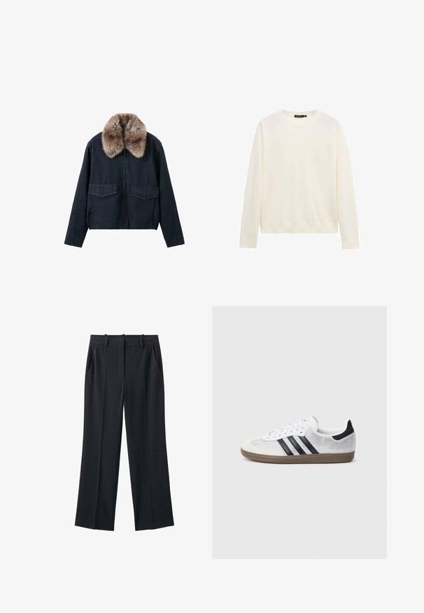 Veste en denim foncé avec un col en fausse fourrure, dotée de deux poches plaquées à l'avant et d'une fermeture éclair. Design texturé et décontracté.; Pull blanc à col rond à manches longues avec poignets et ourlet côtelés, présenté sur un fond blanc uni.; Pantalon tailleur noir à fines rayures, avec passants pour ceinture, poches latérales et jambes droites et larges.; Baskets en mesh blanc avec des rayures noires, un embout en daim beige et un accent sur le talon, semelle en caoutchouc texturée, et lacets blancs. Design classique à tige basse.